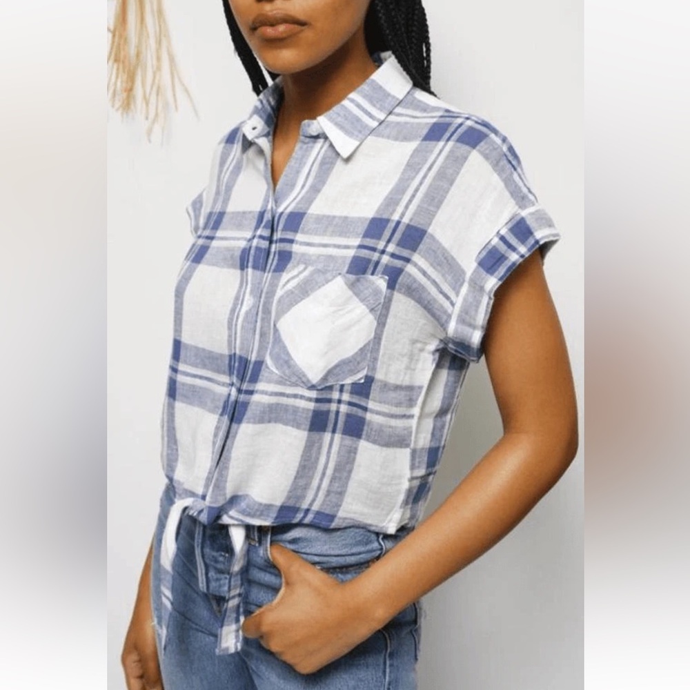 RAILS Blue Plaid Linen Tie Front Button Down Top